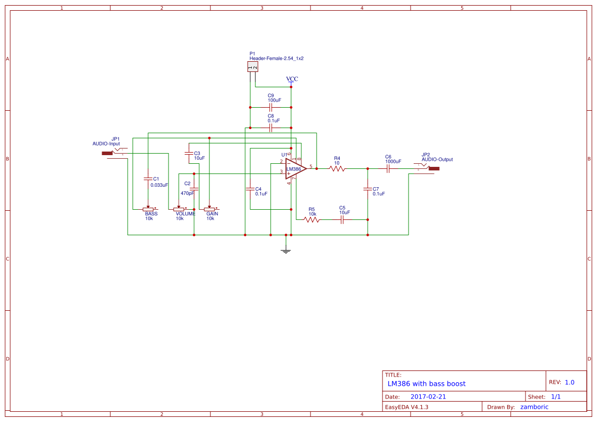 LM386 Audio Amplifier with bass boost - OSHWLab