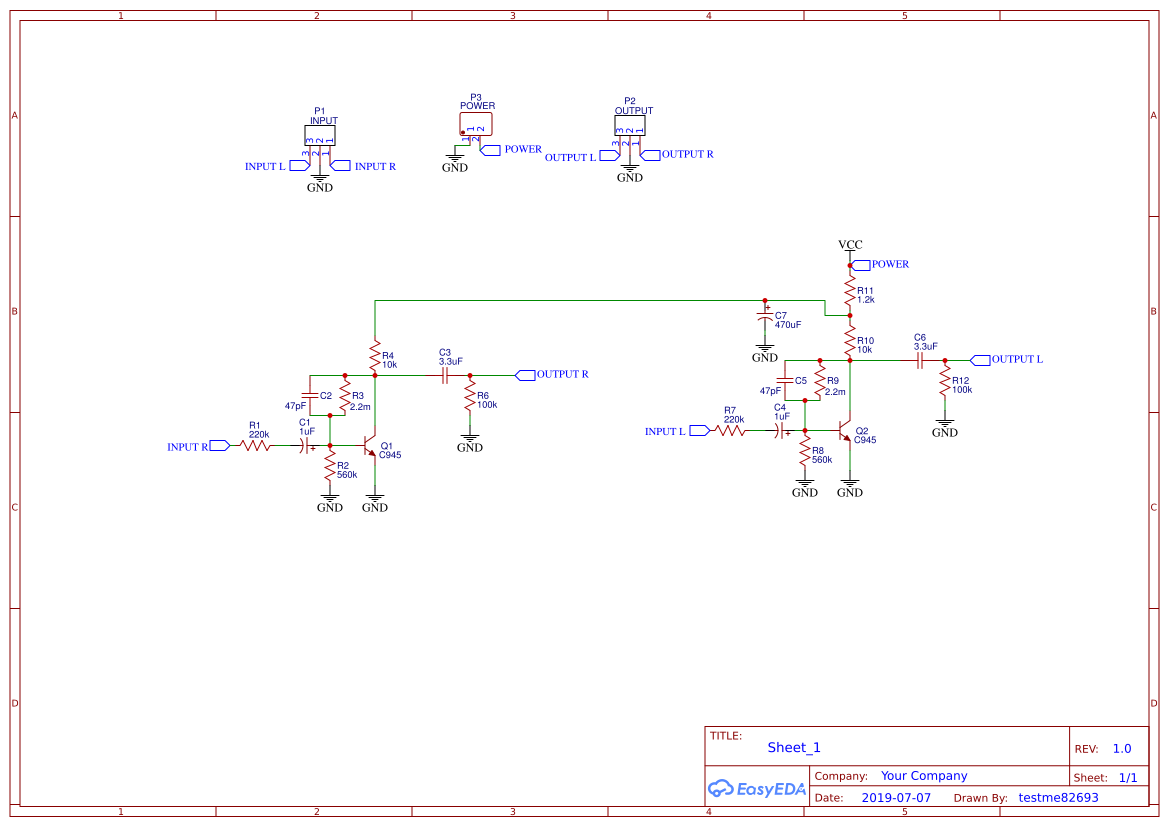 Discrete preamplifier using C2240 or C945 - EasyEDA