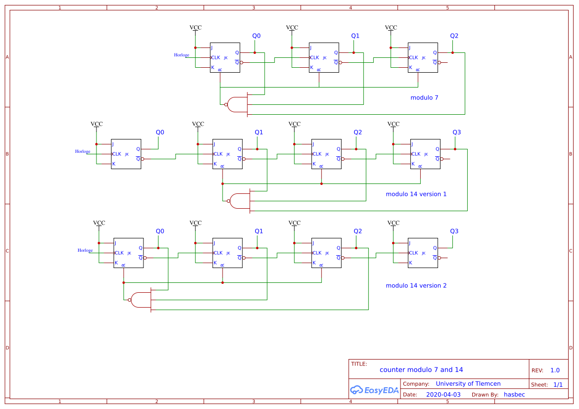 asynchronous counter modulo 7 and 14 with JK flip-flops - OSHWLab