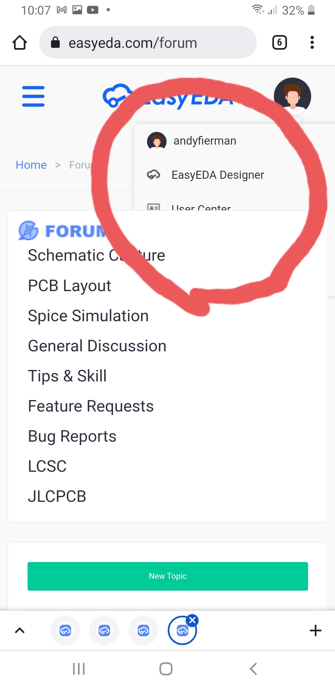 User account menu options cropped